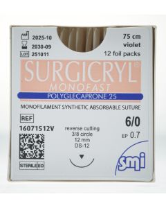 SURGICRYL MONOFAST EP 0.7 USP 6/0 NEEDLE 3/8 CIR REV CUT 12MM/75 CM VIOLET 