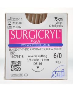 SURGICRYL PGA EP 0.6 USP 6/0 NEEDLE 3/8 CIR REV CUT 16MM/75 CM VIOLET