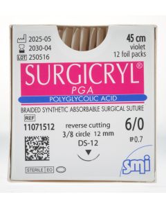 SURGICRYL PGA EP 0.7 USP 6/0 NEEDLE 3/8 CIR REV CUT 12MM/45 CM VIOLET