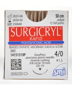 SURGICRYL RAPID EP 1.5 USP 4/0 NEEDLE EA PASS 3/8 CIR REV CUT 19MM/50CM UNDYED