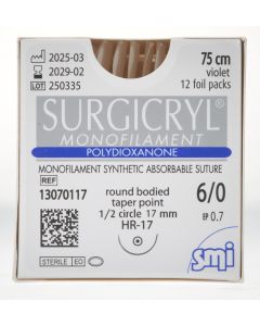 SURGICRYL MONOFILAMENT EP 0.7 USP 6/0 NEEDLE 1/2 CIR TAPERPOINT 17MM/75CM VIOLET