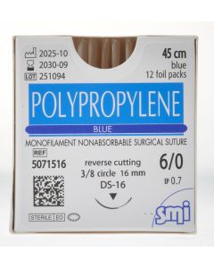 POLYPROPYLENE EP 0.7 USP 6/0 NEEDLE 3/8 CIR REV CUT 16MM/45CM BLUE