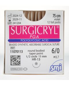 SURGICRYL PGA EP 0.7 USP 6/0 NEEDLE 1/2 CIR TAPERPOINT 13MM/75 CM VIOLET