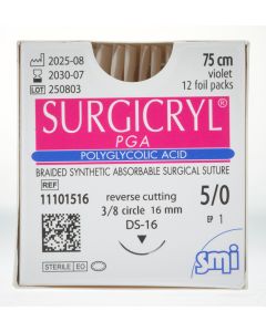 SURGICRYL PGA EP 1 USP 5/0 NEEDLE 3/8 CIR REV CUT 16MM/75CM VIOLET