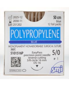 POLYPROPYLENE EP 1 USP 5/0 NEEDLE EA PASS 3/8 CIR REV CUT 16MM/50CM BLUE